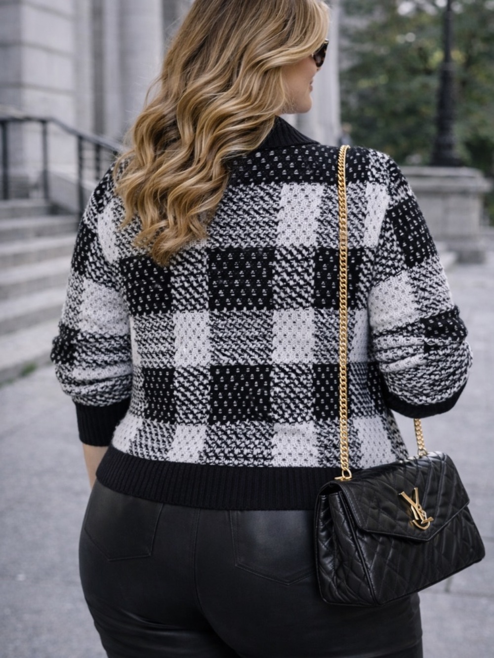 C.J. Banks Black & White Plaid Zip Cardigan Sweater | Women’s Plus Size - Picture 4 of 7